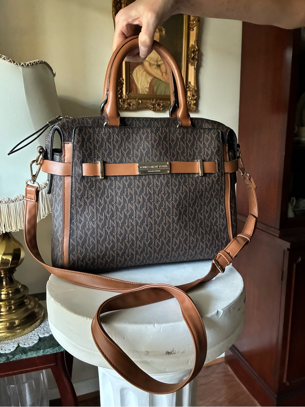 Jones NY Brown Logo Satchel with Tan Trim